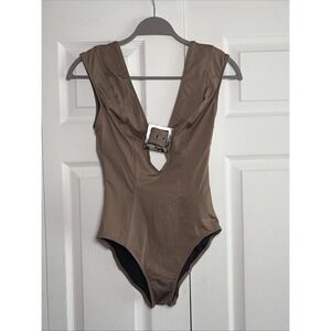 Gottex Deep V-Neck Buckle One Piece Swimsuit Womens Size 8 Taupe Brown Glam Swim